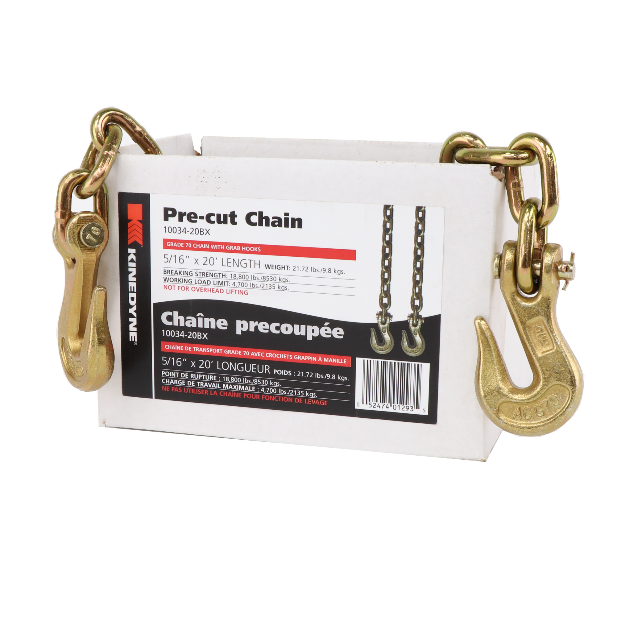 Kinedyne Grade 70 Chain Assembly with Grab Hooks, 5/16in. x 20ft., 4700-Lb. Capacity, Model# 10034-20BX